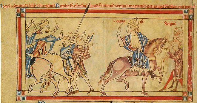 Thomas Becket leaves Louis VII and Henry II in January 1169, illustration from c. 1220–1240, possibly by Matthew Paris