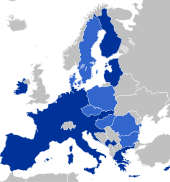 Luxembourg is part of the Schengen Area, the EU single market, and the Eurozone (dark blue). BlueEurozone.svg