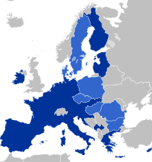 Austria is part of a monetary union, the eurozone (dark blue), and of the EU single market. BlueEurozone.svg