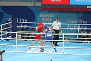 Deutsch: Boxen bei den Olympischen Jugendspielen 2018 Tag 12, 18. Oktober 2018 - Kampf um die Bronzemedaille im Fliegengewicht Mädchen – Heaven Destiny Garcia (USA, blau) schlägt Goryanana Stoeva (Bulgarien, rot) 5-0; Ringrichter ist Ishanguly Meretnyyazov (Turkmenistan). English: Boxing at the 2018 Summer Youth Olympics on 18 October 2018 – Girl's flyweight Bronze Medal Bout - Heaven Destiny Garcia (USA, blue) beats Goryanana Stoeva (Bulgaria, red) 5-0; Referee is Ishanguly Meretnyyazov (Turkmenistan). Español: Boxeo en los Juegos Olímpicos Juveniles de Verano de 2018 en 18 de octubre de 2018 - Combate a medalla de bronce de peso mosca para mujeres: Heaven Destiny Garcia (Estados Unidos, azul) le gana a Goryanana Stoeva (Bulgaria, roja) 5-0; El árbitro es Ishanguly Meretnyyazov (Turkmenistán).