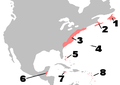 Britaj kolonioj en Nordameriko, ĉirkaŭ 1750. 1: Novlando; 2: Nov-Skotio; 3: la Dek tri Kolonioj; 4: Bermudo; 5: Bahamoj; 6: Brita Honduro; 7: Jamajko; 8: Britaj Soteven-insuloj kaj Barbado