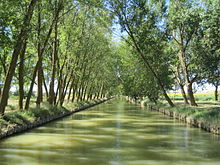 Canal de Castilla in Castile and Leon, Spain, is 207 km (129 mi) long, crossing 38 municipalities. Initially built to transport wheat, it is now used for irrigation. Canal de Castilla.jpg