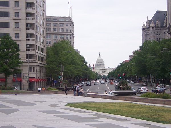 Pennsylvania Avenue N.W. in 2006: Freedom Plaza and its marble inlay of the L'Enfant Plan's 1791 street-grid diagram of Washington, D.C., visible on p