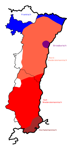 Лингвистическая карта Эльзаса, эльзасский показан двумя оттенками красного