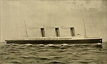 Early concept art of Lusitania with three funnels Cassier's Magazine, Lusitania, Early Conception (1904).jpg