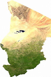 Chad is divided into three distinct zones, the Sudanian Savanna in the south, the Sahara Desert in the north, and the Sahelian belt in the center. Chad sat.jpg