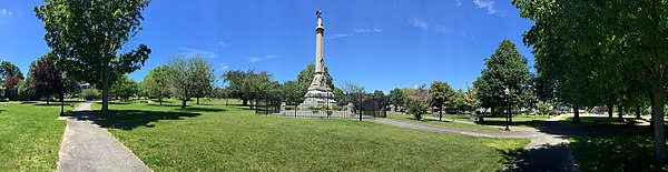 Soldiers and Sailors Monument stands in the center of Clasky Common Park. Clasky Common Park panorama, New Bedford, Massachusetts.jpg