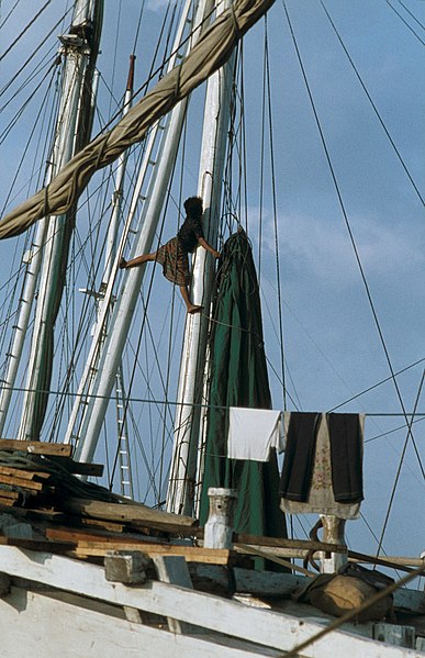 File:Collectie NMvWereldculturen, TM-20020642, Dia, 'Man in de mast van een Buginese prauw in de haven Sunda Kelapa', fotograaf Henk van Rinsum, 1980.jpg