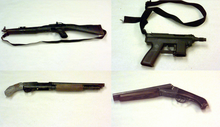 Clockwise from top left: Harris' Hi-Point 995 carbine, Klebold's TEC-9 pistol, Klebold's Stevens 311D shotgun, Harris' Savage 67H shotgun. Columbine guns.png