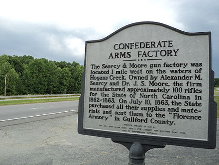 Historical marker for Searcy & Moore gun factory, Hogans Creek, Rockingham County