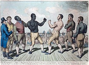 Tom Molineaux (left) vs Tom Cribb in a re-match for the heavyweight championship of England, 1811. Cribb vs Molineaux 1811.jpg