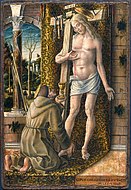 卡羅·克里韋利的《聖弗朗切斯科接收基督的血（意大利語：Sangue di Cristo raccolto da san Francesco）》，20 × 16.3cm，約作於1490－1500年，來自吉安·賈科莫·波爾迪·佩佐利的藏品[16]