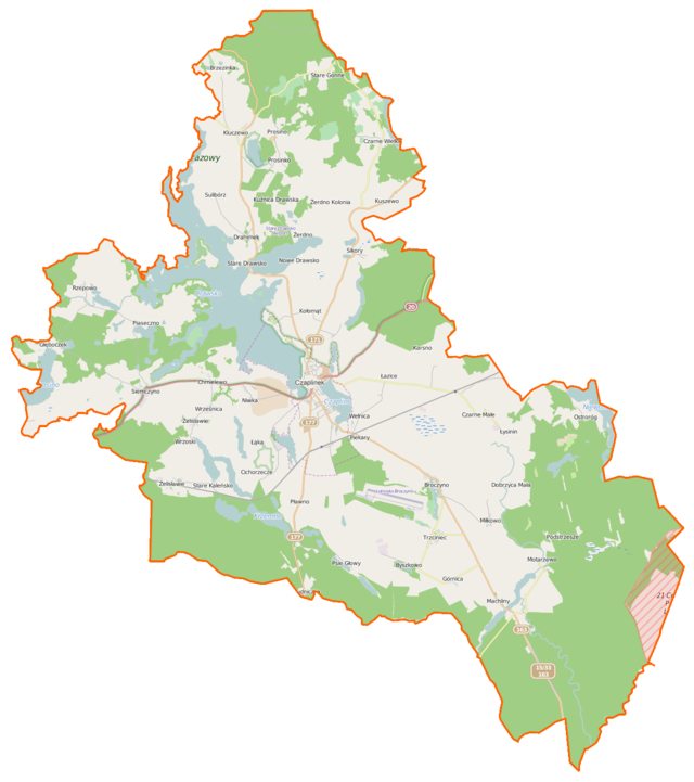 Mapa konturowa gminy Czaplinek, w centrum znajduje się punkt z opisem „Czaplinek”