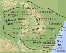 Dacian Kingdom during the rule of Burebista Dacia 82 BC.png