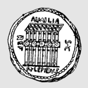 Imagen de la fachada de la basílica Emilia, en una moneda romana acuñada por Marco Emilio Lépido en el año 61 a. C.