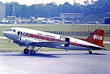 Douglas DC-3 freighter of BIA Cargo at London Gatwick in 1973