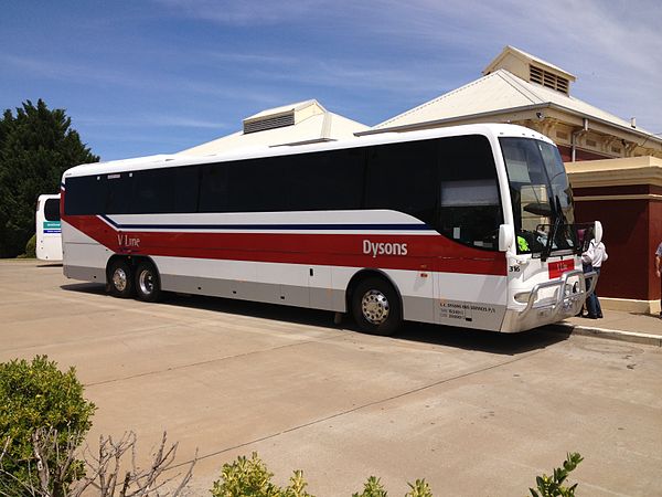 V/Line liveried Coach Design bodied Scania K124EB at Wagga Wagga station in November 2012