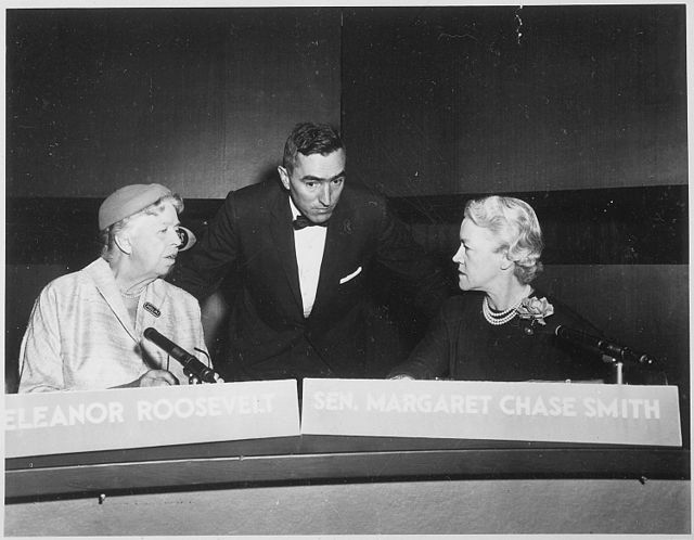 In 1956 Smith and Eleanor Roosevelt jointly appeared as the first-ever women panelists on Face the Nation. With them is the host, CBS News corresponde