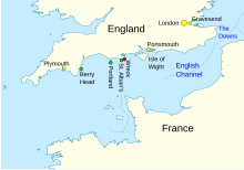 Map of the English south coast, showing Portland Bill English Channel location map - Halsewell.svg