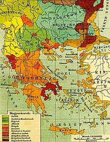 Ethnographic map of the Balkans (1897), in Hungarian, as seen in the Pallas Great Lexicon:
.mw-parser-output .legend{page-break-inside:avoid;break-inside:avoid-column}.mw-parser-output .legend-color{display:inline-block;min-width:1.25em;height:1.25em;line-height:1.25;margin:1px 0;text-align:center;border:1px solid black;background-color:transparent;color:black}.mw-parser-output .legend-text{}
Serbs
Serbs and Macedonians
Bulgarians
Albanians
Greeks
Osmans
Romanians and Tsintsars
Albanians and Serbians
Greeks and Albanians
Greeks and Osmans
Bulgarians and Osmans Ethnographic map of the South Balkans, Pallas Nagy Lexikon, 1897.jpg