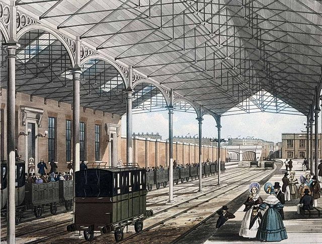An early print of Euston showing the wrought iron roof of 1837.