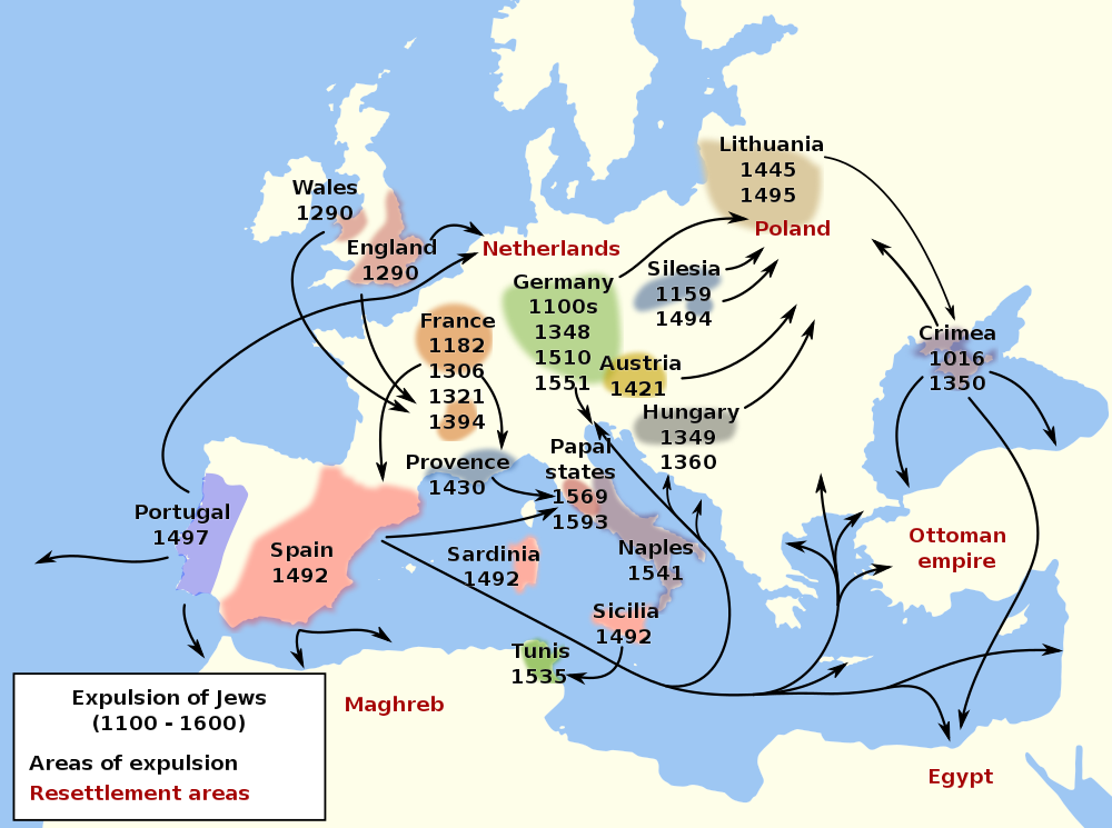 1100年から1600年にかけてのヨーロッパにおけるユダヤ人の追放による民族移動を示す地図