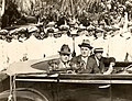FDR, Admiral Leahy and Mayor Willard Albury in an open car on the Naval Station on February 19,1939 (8150900697).jpg