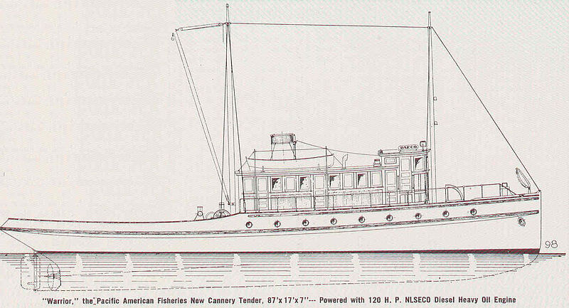 File:FMIB 44728 Warrior, the Pacific American Fisheries New Cannery Tender, 87' x 17' x 7'--Powered with 120 HP Nlseco Diesel Heavy Oil Engine.jpeg