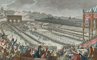 La Fête de la Fédération, le 14 juillet 1790, dessin de Charles Monnet et gravure d'Isidore Stanislas Helman (1790, Bibliothèque nationale de France). (définition réelle 5 090 × 3 144)