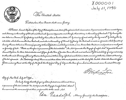 The first U.S. patent was issued for an improvement "in the making of Pot ash and Pearl ash by a new Apparatus and Process"; it was signed by then President George Washington.