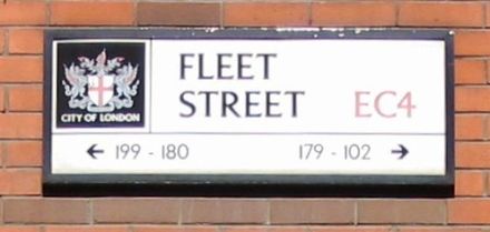 Fleet Street road sign. The street numbering runs consecutively from west to east south-side and then east to west north-side.