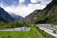 Leventina Valley. Leading to Central Switzerland, the Gotthard axis consists of several railways and highways, here the A2 motorway and south portal of the Gotthard Base Tunnel