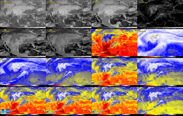 GOES-16 : photos des États-Unis prises par l'imageur ABI dans les 16 longueurs d'onde disponibles du visible à l'infrarouge moyen permettant de distinguer la présence des nuages, de la vapeur d'eau, des particules, de la glace et des cendres volcaniques.