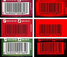 GTIN barcodes on Coca-Cola bottles. The images at right show how the laser of barcode readers "see" the images behind a red filter. GTIN Barcodes of coke bottles - what you see and what the barcode scanner see 2 IMG 2908 2913 2919.JPG