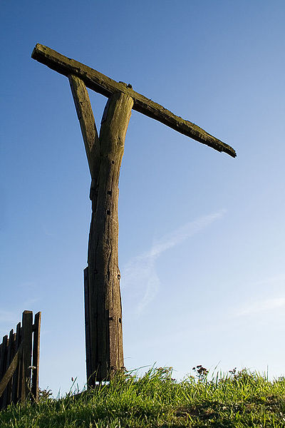 The reconstructed gallows-style gibbet at Caxton Gibbet, in Cambridgeshire, England