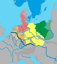 One proposed theory for approximate distribution of the primary Germanic dialect groups in Europe around the year 1 AD:
.mw-parser-output .legend{page-break-inside:avoid;break-inside:avoid-column}.mw-parser-output .legend-color{display:inline-block;min-width:1.25em;height:1.25em;line-height:1.25;margin:1px 0;text-align:center;border:1px solid black;background-color:transparent;color:black}.mw-parser-output .legend-text{}
North Germanic
North Sea Germanic (Ingvaeonic)
Weser-Rhine Germanic, (Istvaeonic)
Elbe Germanic (Irminonic)
East Germanic Germanic dialects ca. AD 1.png