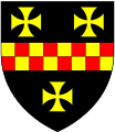 Arms of Gobodislegh (alias Gabodsleigh, Gabadesley alias Dadscombe, Goboldsley, Gobadsbey, etc.) of Weycroft in the parish of Axminster, Devon: Sable, a fess chequy or and gules between three crosses patée of the second