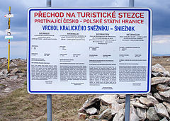 A sign at the Polish-Czech border near Králický Sněžník, indicating that only citizens of the European Union and of five more states may cross. When the Schengen rules became applicable in 2007, the sign became obsolete.