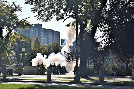 Gun salute in honour of the Queen on the grounds of the Manitoba Legislative Building.