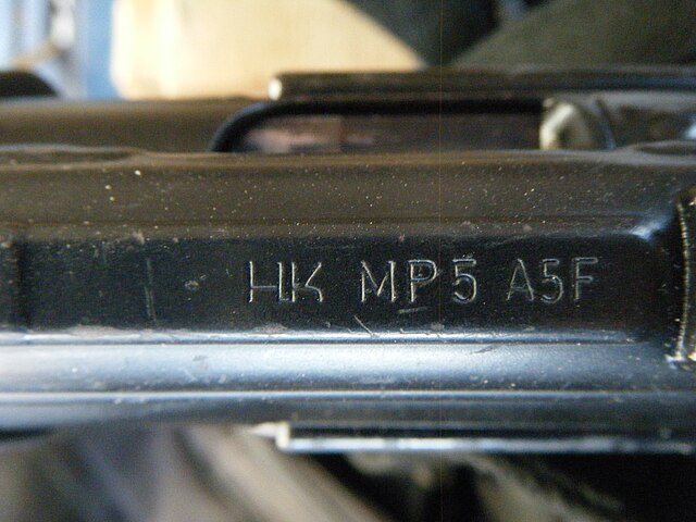 The name of the MP5A5 is derived from the HK naming system: MP (Maschinenpistole) 5 (Selective fire carbine) A5 (Model 5)
