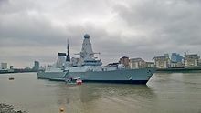 The Royal Navy Type 45 destroyer HMS Defender moored on the riverfront at Greenwich in 2015 HMS Defender at Greenwich.jpg