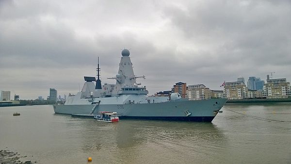 HMS Defender moored at Greenwich in London