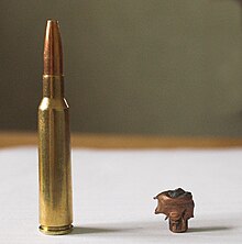 Expanding bullet loaded in a 6.5x55mm before and after expanding. The long base and small expanded diameter show that this is a bullet designed for deep penetration on large game. The bullet in the photo traveled more than halfway through a moose before coming to rest, performing as designed. Halvmantlad.jpg