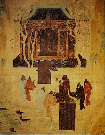 Fresco описващ император Хан Wudi (156-87 ПР.Н.Е.) почитането на две статуи на Буда, Mogao пещери, Dunhuang, c.8th век