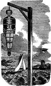 The body of Captain William Kidd hanging in a gibbet over the Thames, the result of confusion over whether Captain Kidd took prizes legally under a letter of marque, or illegally as a pirate. Hanging of William Kidd.jpg