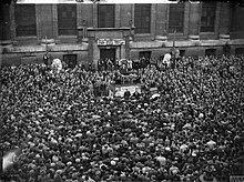 The CPGB's General Secretary, Harry Pollitt, gives a speech to a large crowd outside the British Museum in support for the Aid to Russia Fund, 1941 Harry Pollitt, the General Secretary of the Communist Party of Great Britain (CPGB), make a speech for Aid to Russia, outside the British Museum, 1941.jpg
