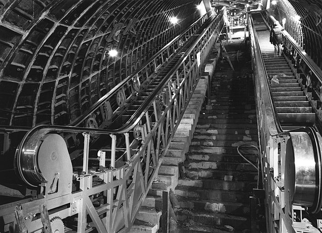 The escalator shaft at Haymarket, under construction in the late 1970s.