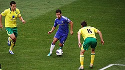 Hazard taking on the Norwich City defence for Chelsea in October 2012 Hazard taking on Howson.jpg