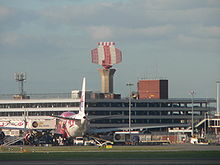 Air traffic control radar at London Heathrow Airport Heathrow Airport radar tower P1180333.jpg