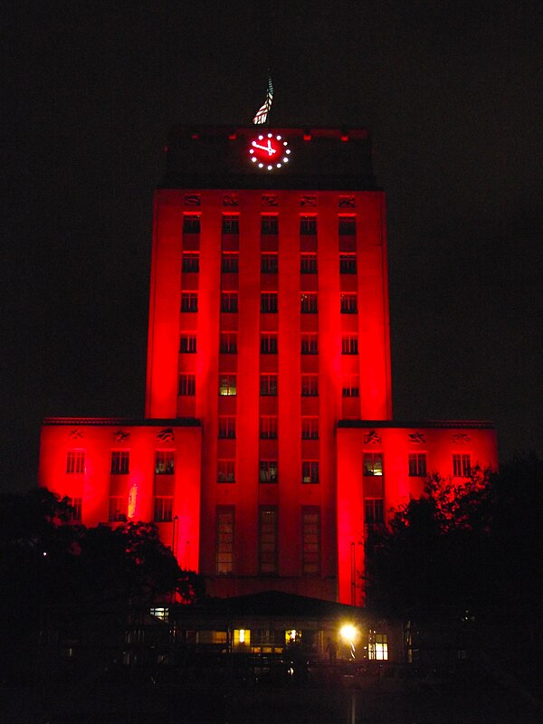 Houston City Hall illuminated red in celebration of Houston's undefeated regular season and C-USA Championship appearance